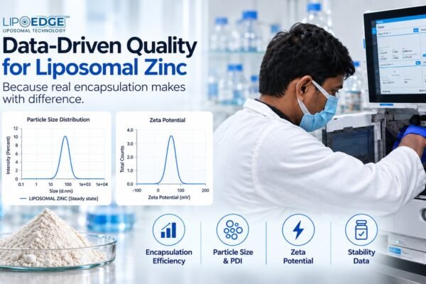 Liposomal Zinc quality testing with particle size, zeta potential, encapsulation efficiency and stability data using LipoEdge Technology