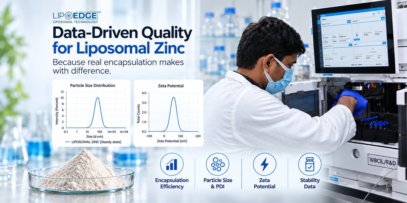Liposomal Zinc quality testing with particle size, zeta potential, encapsulation efficiency and stability data using LipoEdge Technology