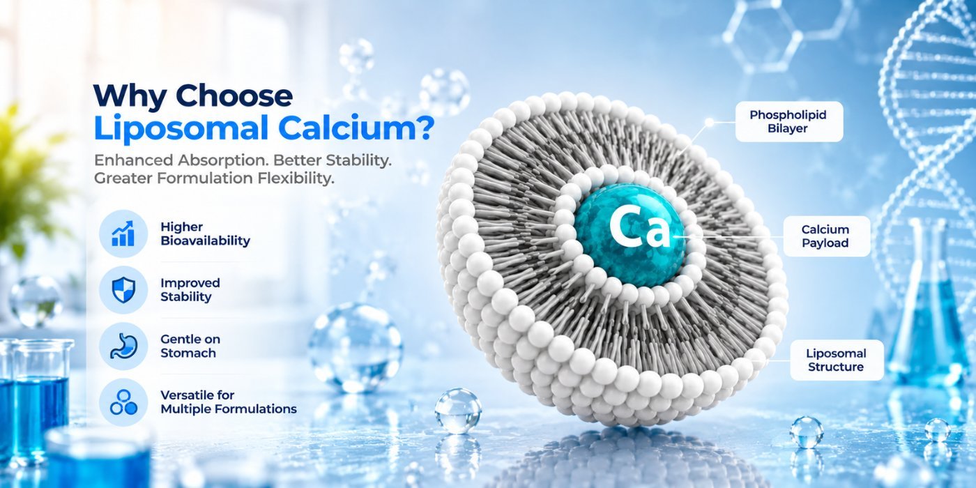 Liposomal calcium delivery system showing calcium encapsulated in a phospholipid bilayer