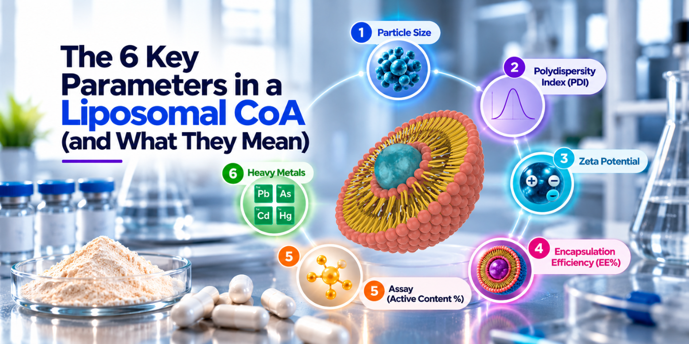 Six key parameters in a liposomal CoA, including particle size, PDI, zeta potential, encapsulation efficiency, active content assay and heavy metals testing.