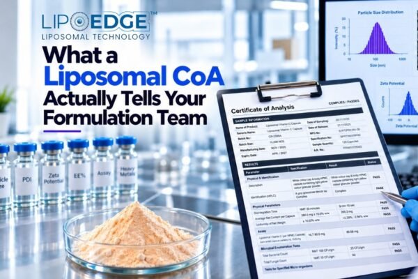 Liposomal CoA analysis showing particle size, PDI, zeta potential, encapsulation efficiency, and quality testing for formulation teams