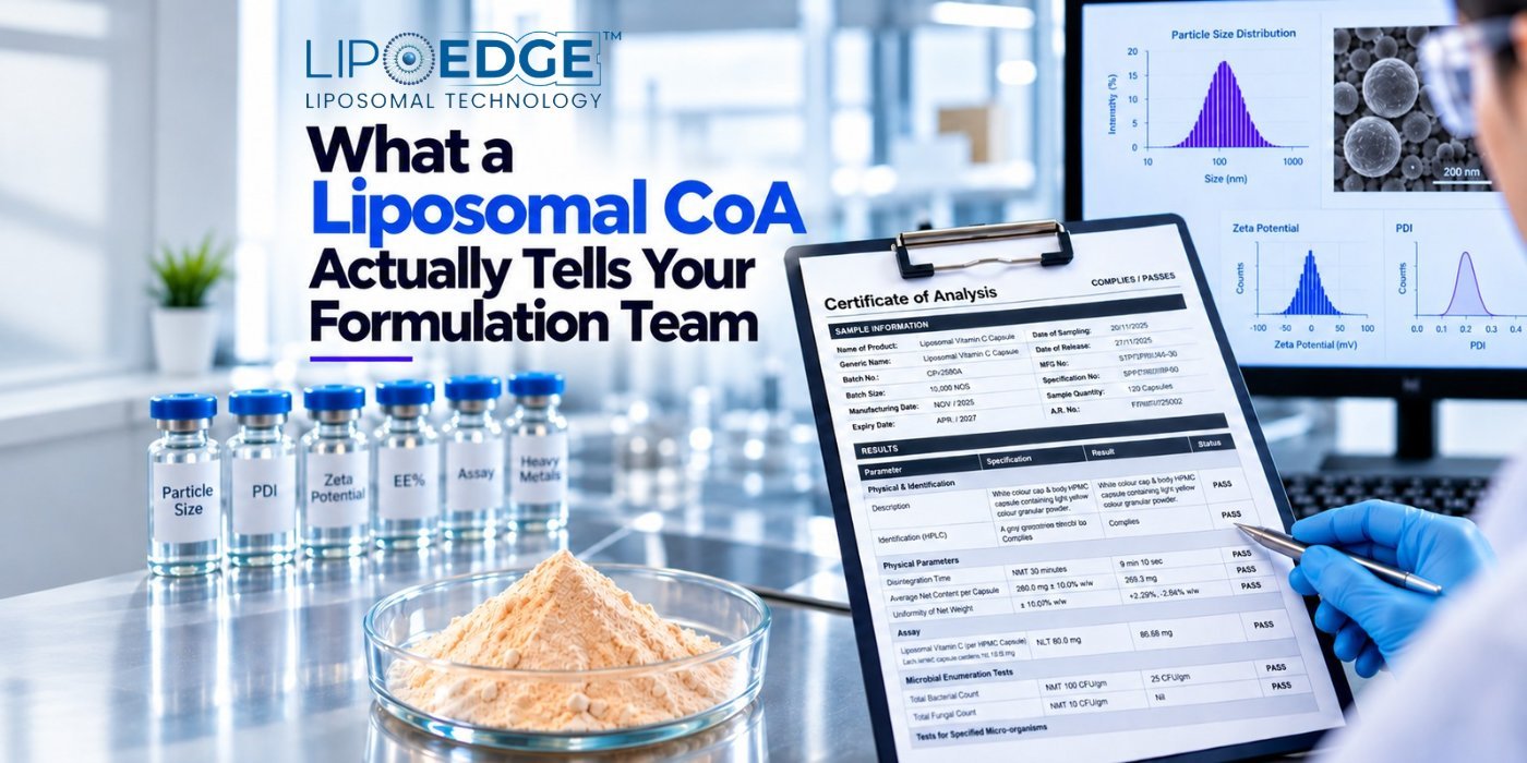 What a Liposomal CoA Actually Tells Your Formulation Team 1 - LipoEdge Liposomal CoA analysis showing particle size, PDI, zeta potential, encapsulation efficiency, and quality testing for formulation teams